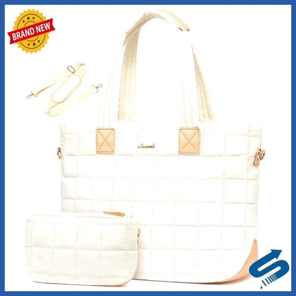 Large 15.6 Inch Laptop Tote Bag, Puffer Quilted Vegan Leather, Travel Work Purse